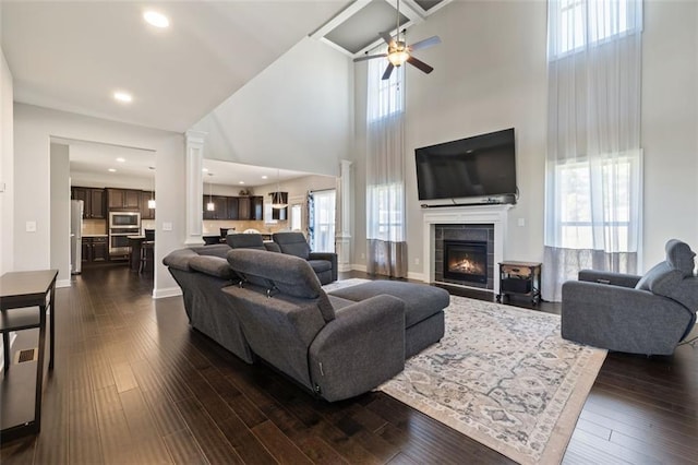 living room with plenty of natural light and dark wood-type flooring