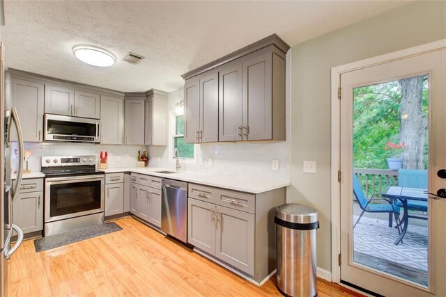 kitchen with gray cabinets, decorative backsplash, sink, and stainless steel appliances