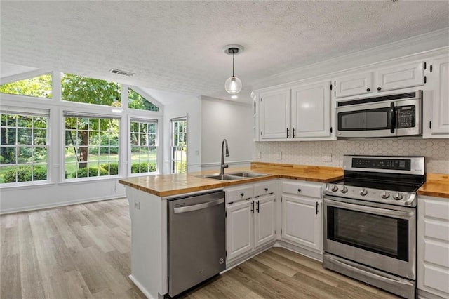 4220 Singing Post Ln NE, Roswell, GA 30075 - kitchen with stainless steel appliances, a sink, butcher block countertops, a peninsula, and light wood-type flooring