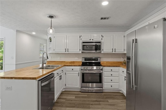 4220 Singing Post Ln NE, Roswell, GA 30075 - kitchen featuring stainless steel appliances, a sink, wooden counters, plenty of natural light, and a textured ceiling