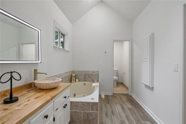 4220 Singing Post Ln NE, Roswell, GA 30075 - full bath featuring a tub with jets, lofted ceiling, toilet, vanity, and a textured ceiling