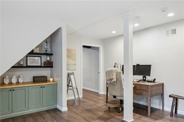 office space featuring dark wood-style flooring, baseboards, and recessed lighting