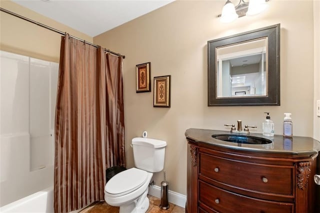 full bath featuring toilet, vanity, baseboards, and shower / bath combination with curtain