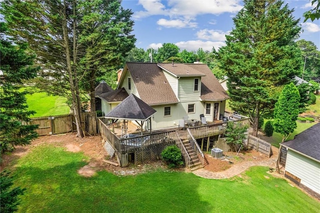 150 Wilbanks St, Buford, GA 30518 - rear view of property featuring a deck, stairway, a gazebo, a shingled roof, and a gate