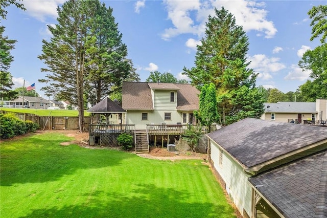 150 Wilbanks St, Buford, GA 30518 - rear view of house featuring a gazebo, a deck, roof with shingles, and stairway