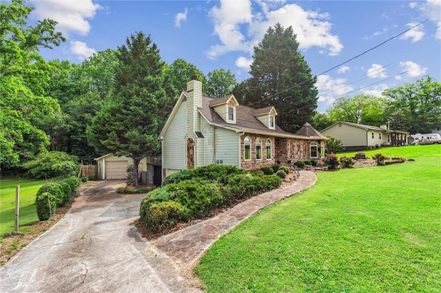 150 Wilbanks St, Buford, GA 30518 - view of property exterior featuring an outdoor structure, a garage, a chimney, and driveway