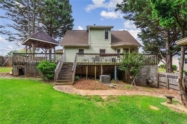 150 Wilbanks St, Buford, GA 30518 - rear view of property with stairway, a wooden deck, a shingled roof, and central AC unit