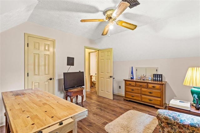 150 Wilbanks St, Buford, GA 30518 - interior space with lofted ceiling, wood finished floors, a ceiling fan, and a textured ceiling
