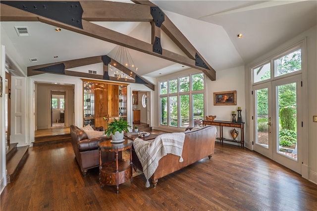 living room featuring high vaulted ceiling, visible vents, wood finished floors, and beam ceiling