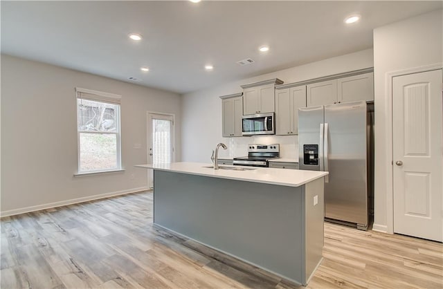 kitchen with an island with sink, stainless steel appliances, sink, and gray cabinetry