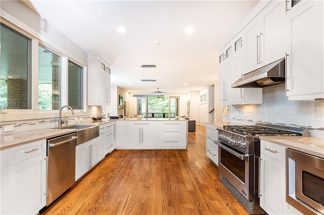 kitchen with white cabinets, stainless steel appliances, and kitchen peninsula