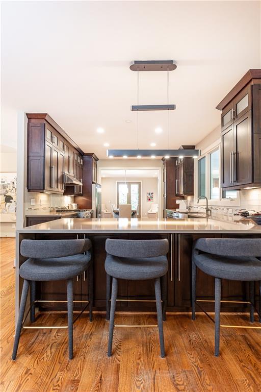 kitchen featuring dark brown cabinetry, dark wood-type flooring, and tasteful backsplash