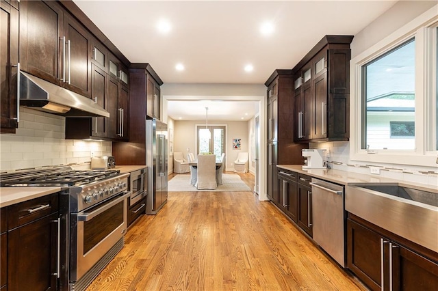 kitchen with pendant lighting, appliances with stainless steel finishes, dark brown cabinetry, and light wood-type flooring