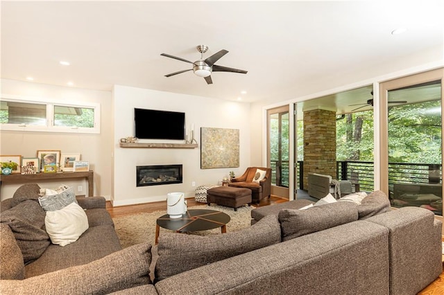 living room featuring ceiling fan and wood-type flooring