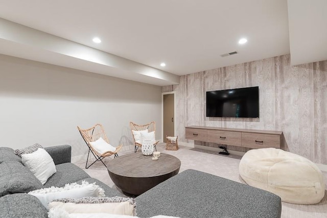 living room with light colored carpet