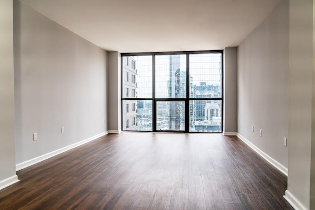 spare room featuring dark wood-type flooring, expansive windows, and baseboards