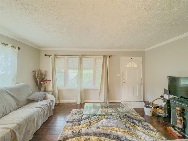 646 Quillian Ave, Decatur, GA 30032 - living area with baseboards, ornamental molding, a textured ceiling, and wood finished floors