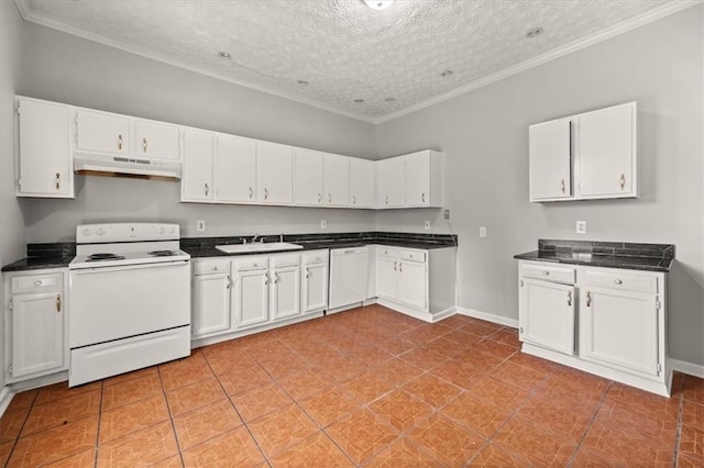 kitchen featuring white cabinets, white appliances, and a textured ceiling