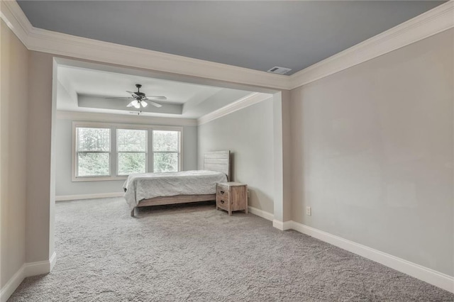 11686 Davenport Ln, Alpharetta, GA 30005 - carpeted bedroom with crown molding, baseboards, a tray ceiling, and a ceiling fan