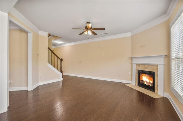 11686 Davenport Ln, Alpharetta, GA 30005 - unfurnished living room with a fireplace with flush hearth, ceiling fan, dark wood-style flooring, plenty of natural light, and ornamental molding