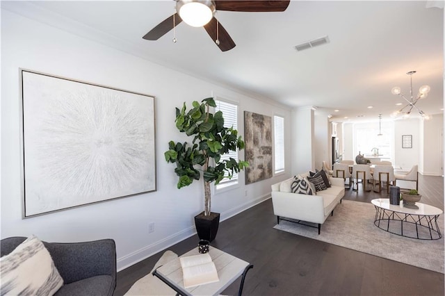 5440 Howington Ct Unit 190, Buford, GA 30518 - living room featuring dark wood finished floors, a ceiling fan, baseboards, a chandelier, and recessed lighting
