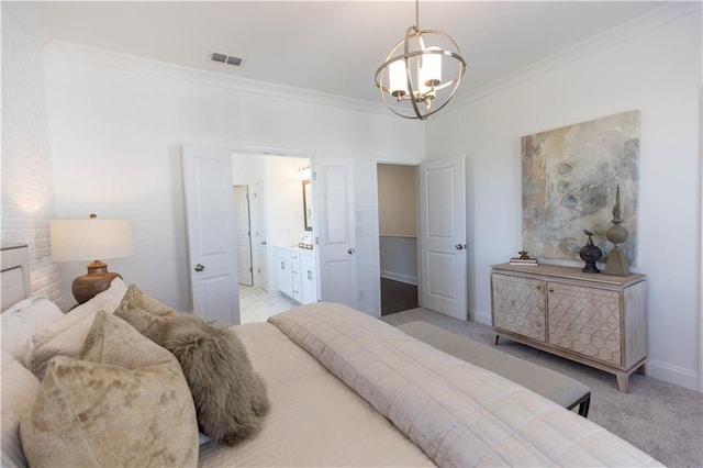 5440 Howington Ct Unit 190, Buford, GA 30518 - carpeted bedroom featuring crown molding, a chandelier, baseboards, and connected bathroom