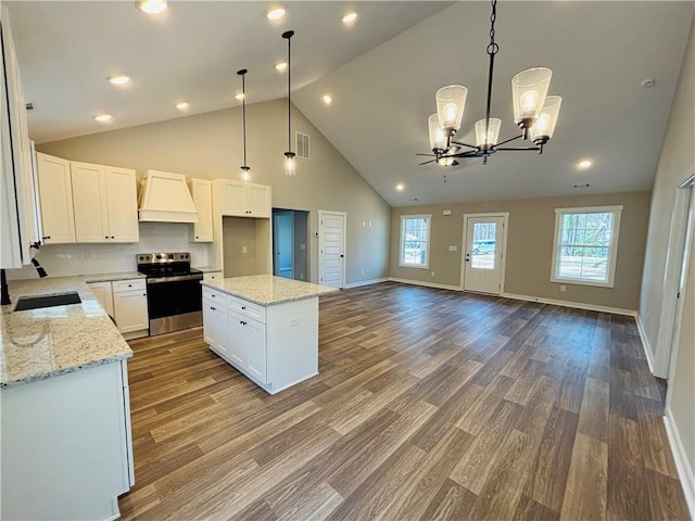 kitchen with visible vents, custom range hood, a sink, wood finished floors, and stainless steel electric range