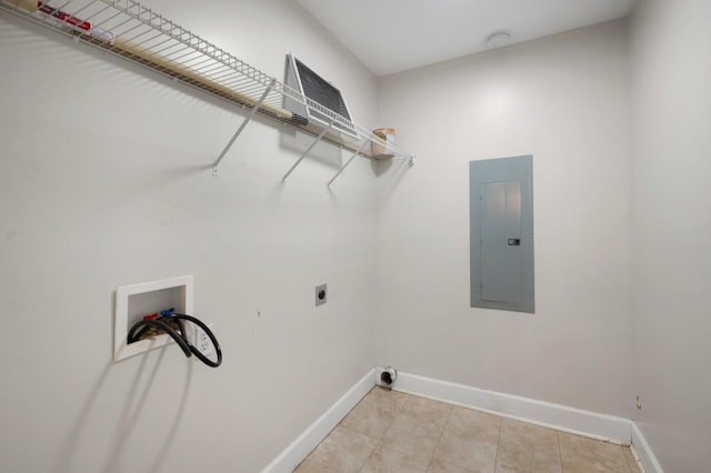 laundry area featuring hookup for a washing machine, hookup for an electric dryer, laundry area, baseboards, and electric panel