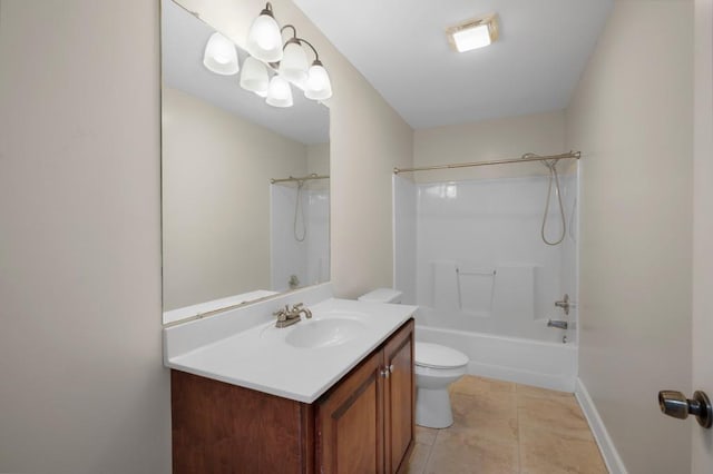 full bath with toilet, tile patterned flooring, tub / shower combination, and vanity