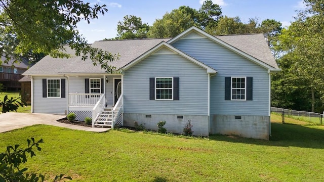 view of front of home featuring a porch, a front yard, crawl space, and fence