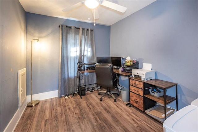 office with hardwood / wood-style flooring and ceiling fan