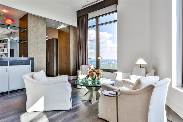 living room with dark wood-style flooring