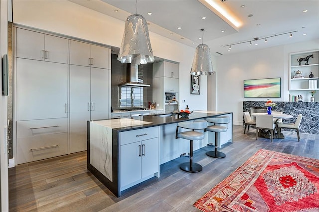 kitchen featuring dark wood-style flooring, modern cabinets, and a kitchen island with sink