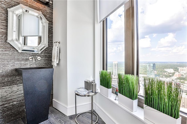 bathroom with baseboards and wood finished floors