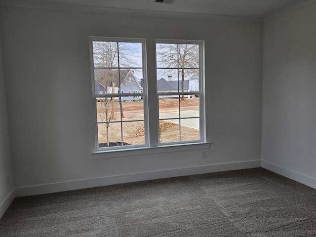 empty room featuring ornamental molding, carpet flooring, a wealth of natural light, and baseboards