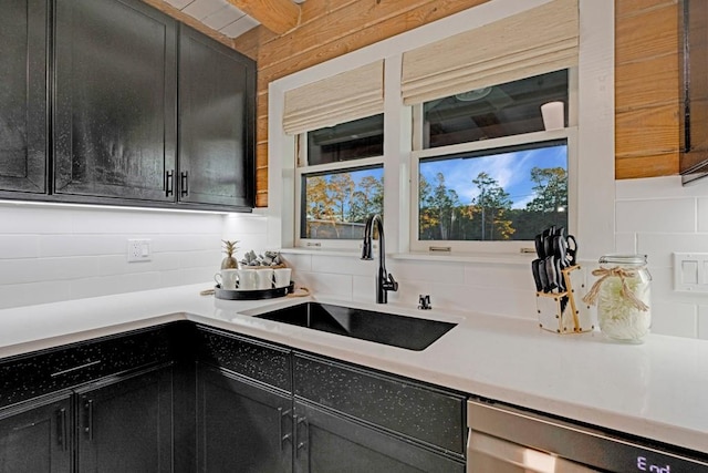 kitchen featuring stainless steel dishwasher, backsplash, and sink