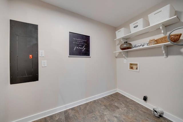 laundry room with electric panel, hardwood / wood-style floors, and washer hookup