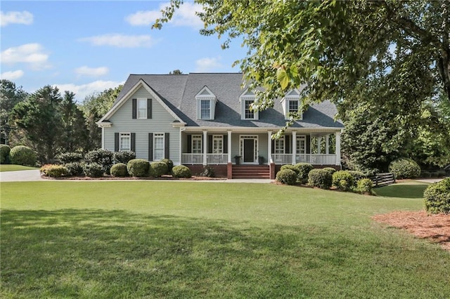 cape cod house featuring covered porch and a front yard