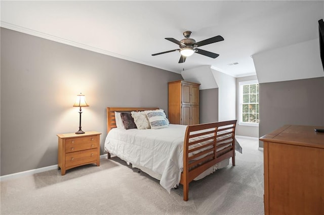 bedroom with baseboards, light colored carpet, ornamental molding, and visible vents