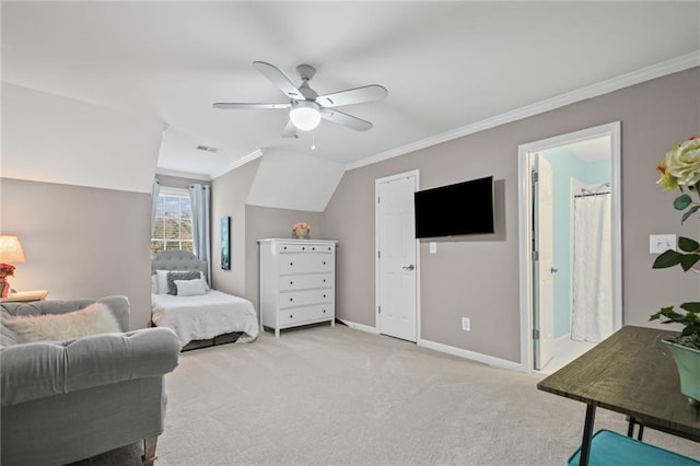 bedroom with light colored carpet, a ceiling fan, baseboards, visible vents, and ornamental molding