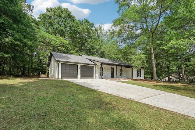 single story home featuring a front lawn, stone siding, a garage, covered porch, and driveway