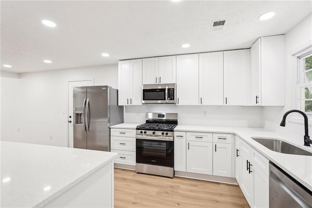 kitchen featuring stainless steel appliances, visible vents, white cabinetry, and a sink