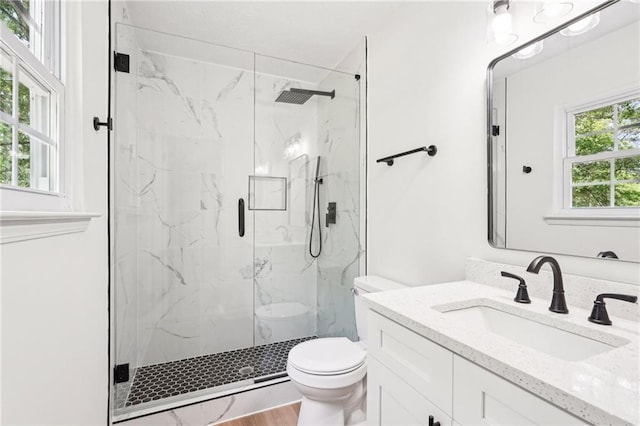 bathroom featuring toilet, a marble finish shower, and vanity