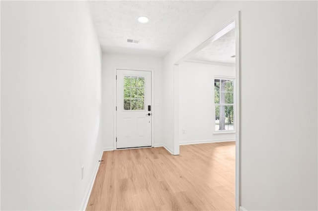 interior space featuring light wood-style floors, baseboards, a textured ceiling, and a healthy amount of sunlight
