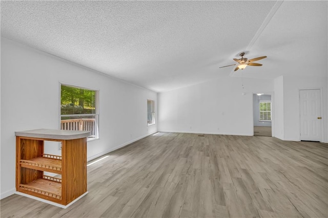 1437 Frank Lovell Rd, Clarkesville, GA 30523 - unfurnished living room featuring a ceiling fan, a textured ceiling, a healthy amount of sunlight, and light wood-type flooring