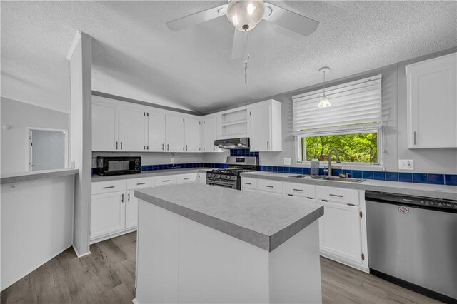 1437 Frank Lovell Rd, Clarkesville, GA 30523 - kitchen featuring a sink, a textured ceiling, light wood-style flooring, stainless steel appliances, and under cabinet range hood