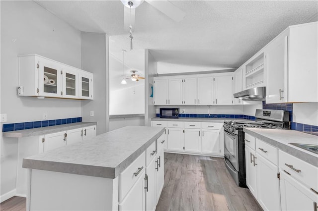 1437 Frank Lovell Rd, Clarkesville, GA 30523 - kitchen with black microwave, under cabinet range hood, stainless steel range with gas stovetop, a ceiling fan, and light wood-style flooring