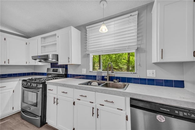 1437 Frank Lovell Rd, Clarkesville, GA 30523 - kitchen with open shelves, under cabinet range hood, white cabinets, a sink, and appliances with stainless steel finishes