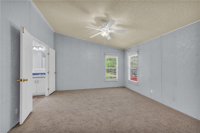 1437 Frank Lovell Rd, Clarkesville, GA 30523 - empty room featuring ornamental molding, lofted ceiling, a textured ceiling, a ceiling fan, and carpet