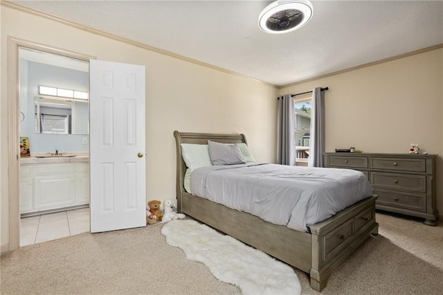 210 N Wesleyan Cir, Macon, GA 31210 - bedroom featuring light colored carpet, ornamental molding, ensuite bathroom, and light tile patterned flooring